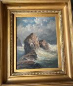 An unknown artist, oil signed H.D Bell, coastal scene, waves crashing into rocks