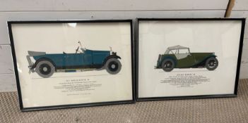 Two prints of classic cars, 1927 Rolls Royce and 1939 M.G Midget TB