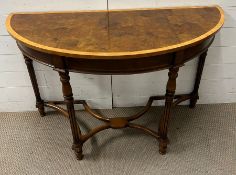 A mahogany and satinwood demi lune table (H75cm W114cm D48cm)