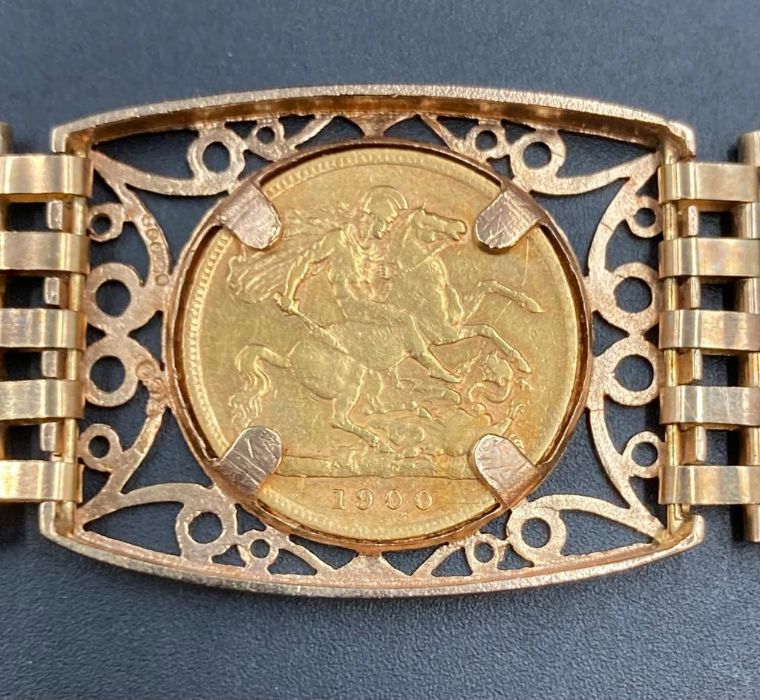 A 1900 Gold half sovereign coin in a 9ct gold bracelet (Total weight 18.8g) - Image 2 of 4