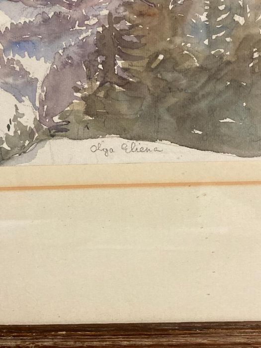 Watercolour of Austrian mountains by Olga Ellena, Fine Art Society label 1937 - Image 2 of 3