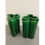 A pair of green glazed Awaji triple form vases (H22cm)