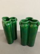 A pair of green glazed Awaji triple form vases (H22cm)