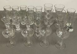 A selection of glassware including Art Deco hollow stem couples, cordial glasses
