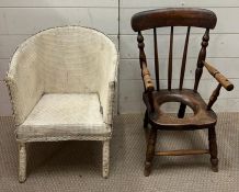 A child's squat chair or potty chair along with a Lloyd Loom Children's chair