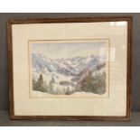 Watercolour of Austrian mountains by Olga Ellena, Fine Art Society label 1937
