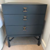 A Pair of contemporary bedsides with three drawers and drop handles (55cm x 40cm x 72cm H)