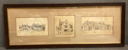 Three framed pen and ink sketches of Broadway village Worcester signed TWF Newton 1888