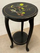 Oriental style ebonise end table with painted decoration to top depicting birds and cherry