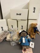 Five Steiff bears with red/white tags including Paddington Bear and one musical bear with yellow