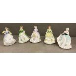 A selection of five Royal Worcester figures to include Sweet Snowdon, Sweet Pansey , Sweet