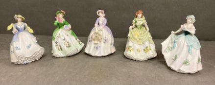 A selection of five Royal Worcester figures to include Sweet Snowdon, Sweet Pansey , Sweet