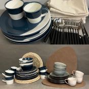 A selection of tableware including brown curve table mats x 6, linen napkins x 6, cutlery, plates