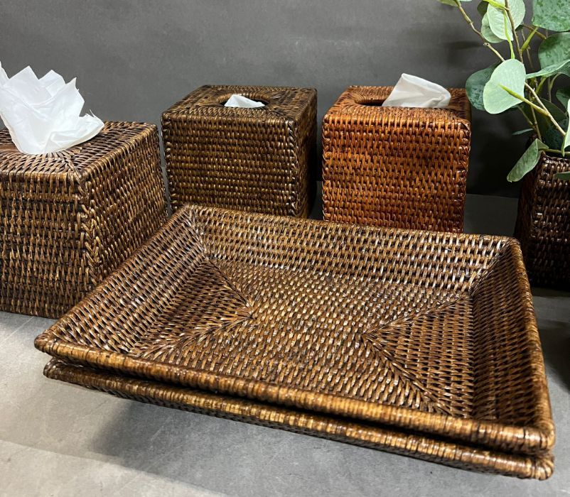 Three woven tissue box covers, two woven pen pots, and two woven trays - Image 2 of 3