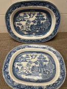 Two Blue and White willow pattern meat platters
