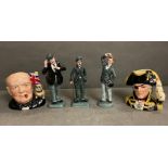 A selection of two Royal Doulton mugs Winston Churchill and Lord Nelson, along with three Royal