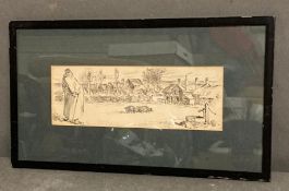 A pen and ink drawing of a farmer surveying his pigs signed Henry Ardmore Sandercock (1883-1887)