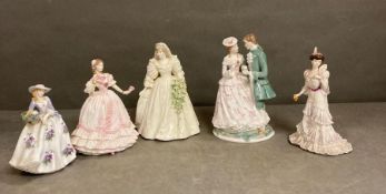 A selection of five china figures by Coalport and Royal Worcester to include Eugenie, Sweet Violet