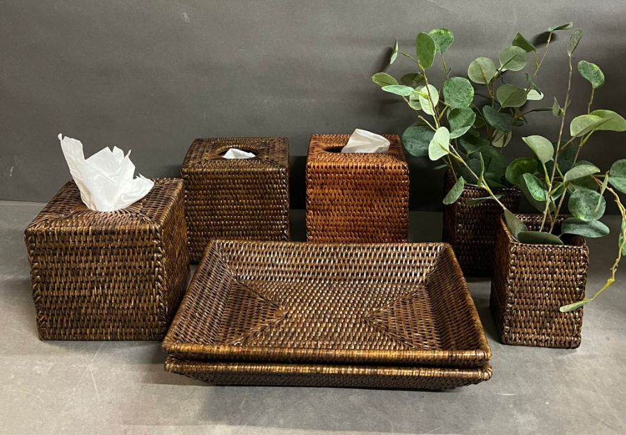 Three woven tissue box covers, two woven pen pots, and two woven trays