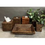 Three woven tissue box covers, two woven pen pots, and two woven trays