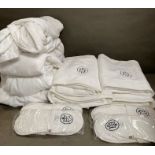 Two Bath sheets, two hand towels, four sets of Spa slippers, all monogrammed HP, along with four