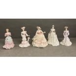 A selection of five Coalport china figures to include: Louisa at Ascot, Opening Night, Harvest Gold,