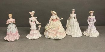 A selection of five Coalport china figures to include: Louisa at Ascot, Opening Night, Harvest Gold,