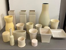 A selection of glazed and glass contemporary ceramic pieces including vases, dishes etc