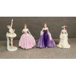 A selection of four Coalport china figures to include "Margot Fonteyn, Lady Helen, Femmos Fatales