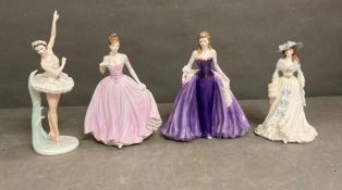 A selection of four Coalport china figures to include "Margot Fonteyn, Lady Helen, Femmos Fatales