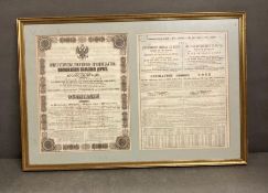 A framed Russian Imperial Bond certificate issue of 600,000 bonds for the Nicholas Railway 1867.
