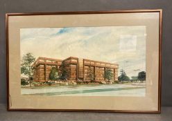 A watercolour of a 1960's/70's office block near an airport by George Murray.