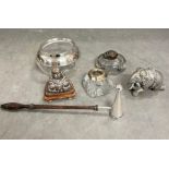 A selection of ink wells, novelty metal elephant and silver rimed glass bowl