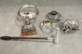 A selection of ink wells, novelty metal elephant and silver rimed glass bowl