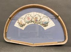 A hand painted fan panel, framed and three miniature portraits