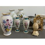 A selection of collectable vases along with a clock and tankard