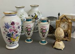 A selection of collectable vases along with a clock and tankard