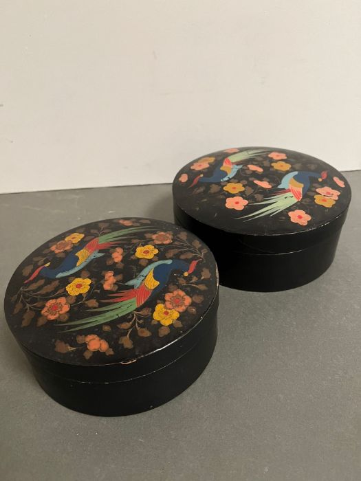 Two circular paper Mache lidded pot with birds