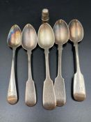 A selection of five silver teaspoons, with various makers and hallmarks (Approximate Total weight