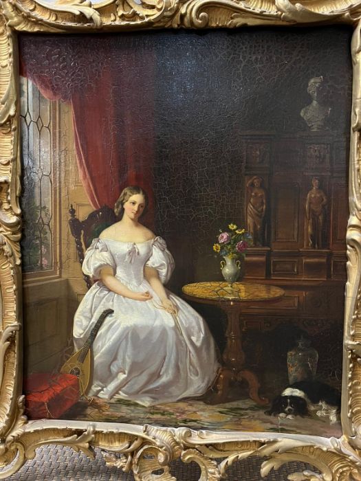 A portrait of a lady in her parlour in a gilt frame, unknown artist - Image 2 of 9