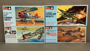 A selection of four boxed monogram model plane kits, Grumman Fighter, Thphoon, DeHavilland