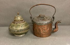 Persian metal ware teapot and lidded pot.
