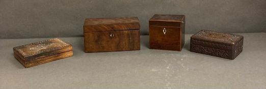 A selection of three vintage boxes and an antique tea caddy