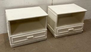 A pair of pine painted white bedside tables with bamboo details (W58cm D39cm H47cm)