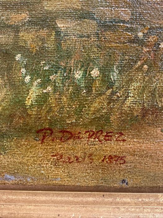 An oil on canvas of a country scene showing a woman outside of her cottage. Signed lower left in red - Image 2 of 3