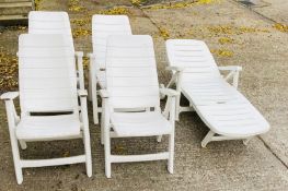 Four white garden reclining chairs and a sun lounger