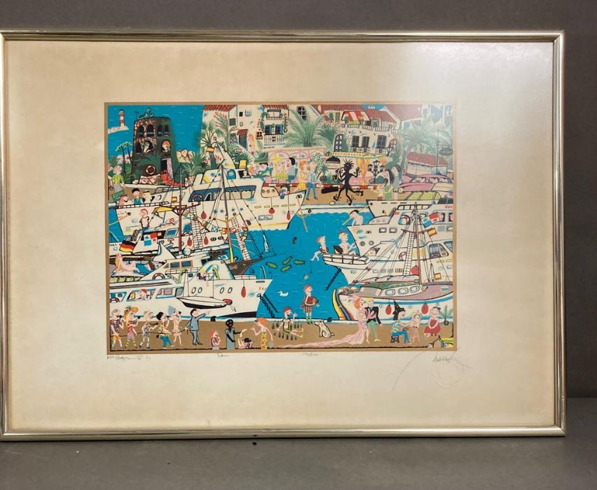 A signed print of a Mediterranean harbour scene