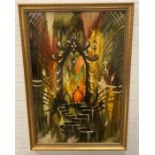 An oil on board of a abstract gothic scene signed and dated Gerry Facey 1982 bottom right (100cm x