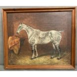 Oil on Board of a grey horse in a naïve style. Yellow horse blanket with the initials H A L on it in
