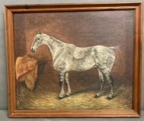 Oil on Board of a grey horse in a naïve style. Yellow horse blanket with the initials H A L on it in